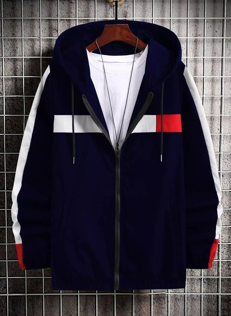 Men Contrast Panel Drawstring Hooded Jacket  - Image 1