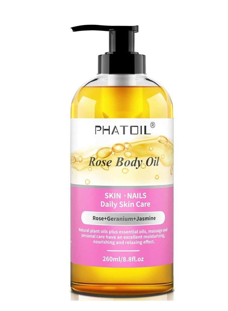 PHATOIL Rose Body Oil with Pump, 260 ml (8.8 fl.oz) Premium Quality Massage Oil for All Skin Types, Blends of Natural Plant Oils and Essential Oils, Rose Oil Scented Body Oils for Women and Men - Image 1