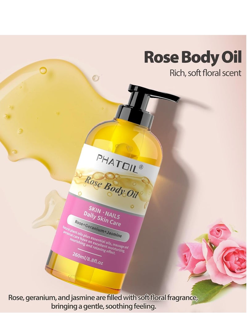 PHATOIL Rose Body Oil with Pump, 260 ml (8.8 fl.oz) Premium Quality Massage Oil for All Skin Types, Blends of Natural Plant Oils and Essential Oils, Rose Oil Scented Body Oils for Women and Men - Image 2