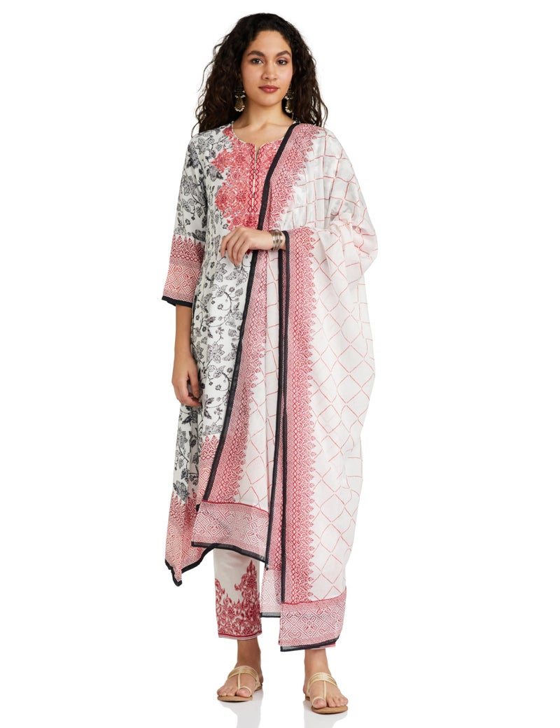 Biba بيبا نساء قطن مطبوع سترة سالوار كورتا دوبتة (Skdassorted7226E_أبيض/أسود_32) - Image 1