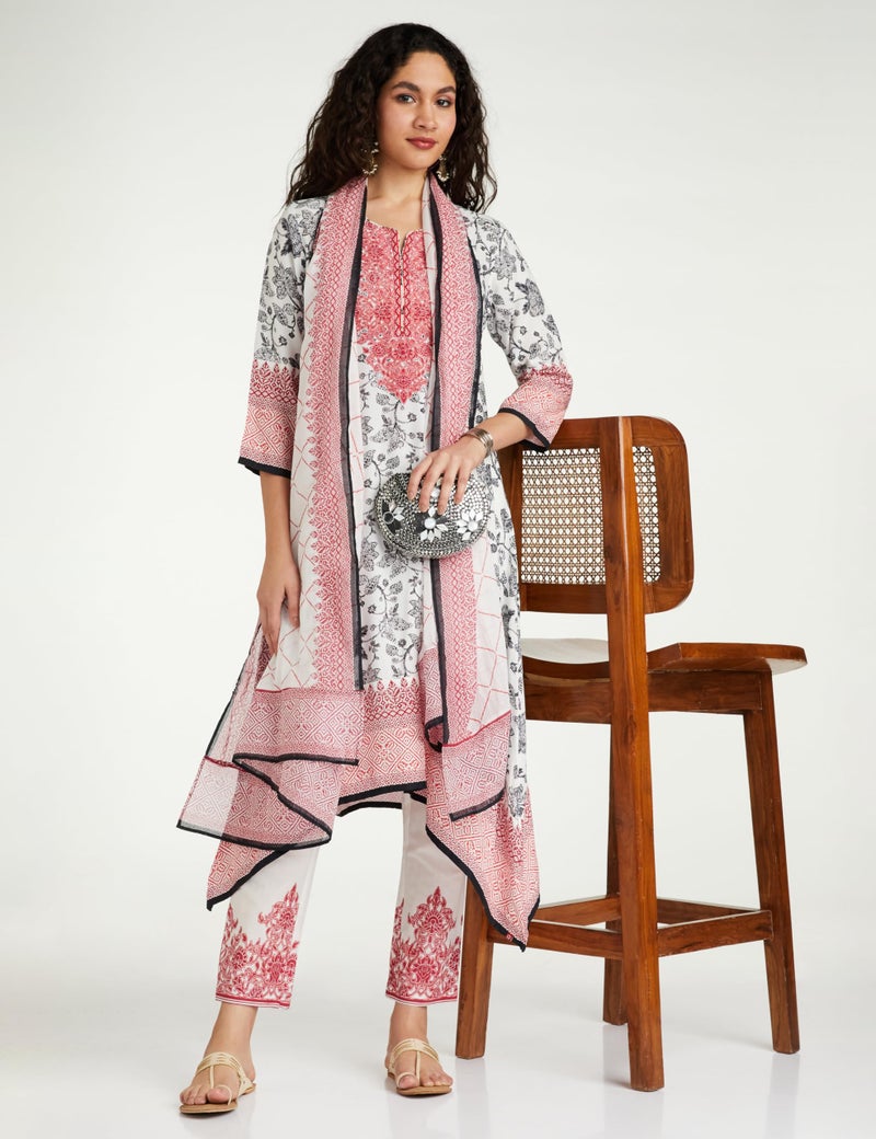 Biba بيبا نساء قطن مطبوع سترة سالوار كورتا دوبتة (Skdassorted7226E_أبيض/أسود_32) - Image 2