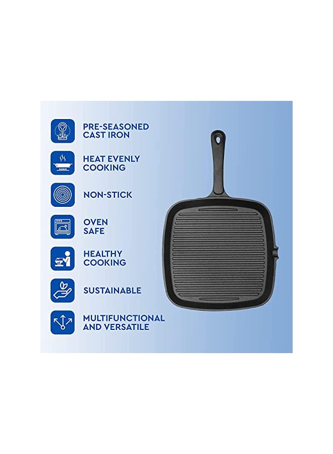 بروماس مقلاة من الحديد الزهر مقلاة/مقلاة، سوداء اللون، مقلاة مستديرة من الحديد الزهر مقاس 10.25 بوصة - أواني طهي آمنة للاستخدام الداخلي والخارجي - Image 5