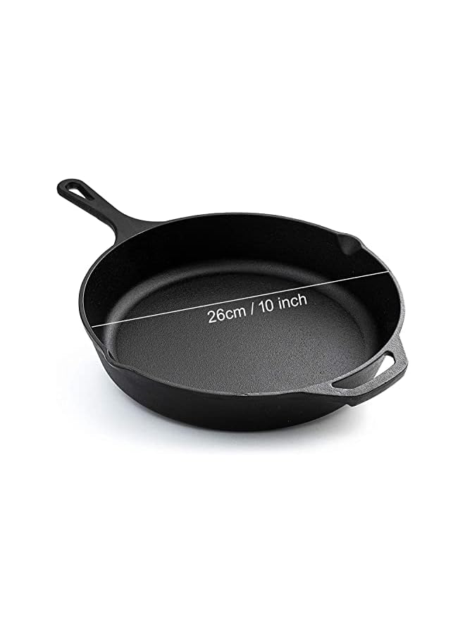 بروماس مقلاة من الحديد الزهر مقلاة/مقلاة، سوداء اللون، مقلاة مستديرة من الحديد الزهر مقاس 10.25 بوصة - أواني طهي آمنة للاستخدام الداخلي والخارجي - Image 2