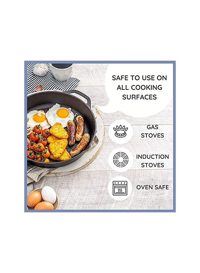 بروماس مقلاة من الحديد الزهر مقلاة/مقلاة، سوداء اللون، مقلاة مستديرة من الحديد الزهر مقاس 10.25 بوصة - أواني طهي آمنة للاستخدام الداخلي والخارجي - Image 4