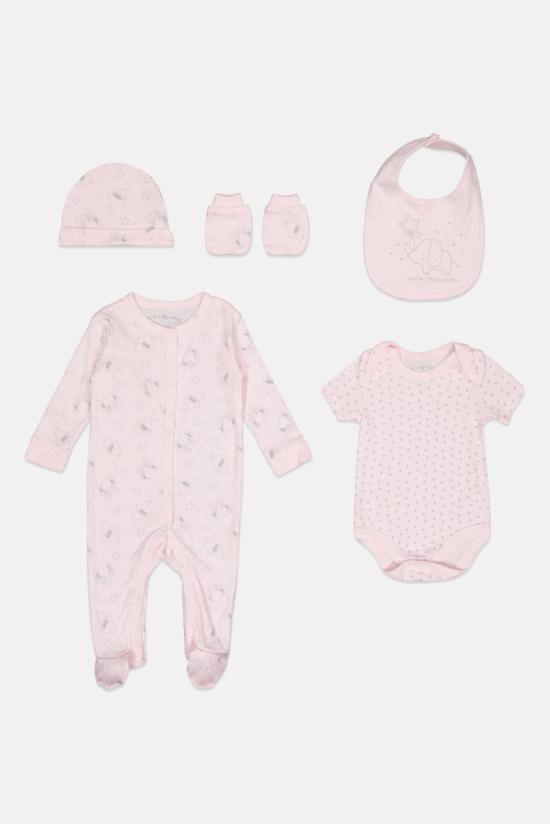 Rock-A-Bye Baby Boutique Toddlers Girl 5 pcs Graphic Print Bodysuit, Bib, Beanie And Mitts Set, Multicolor  - Image 1