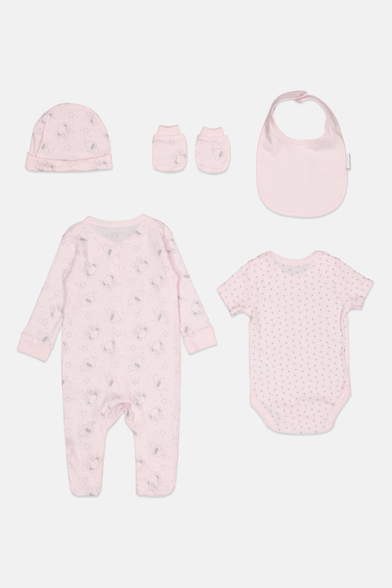 Rock-A-Bye Baby Boutique Toddlers Girl 5 pcs Graphic Print Bodysuit, Bib, Beanie And Mitts Set, Multicolor  - Image 2