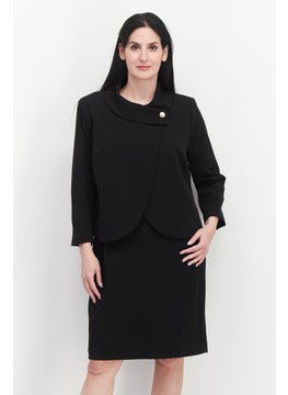 Nipon Boutique Women 2 Pcs Solid Button Front Sheath Jacket Dress Set, Black  - Image 1