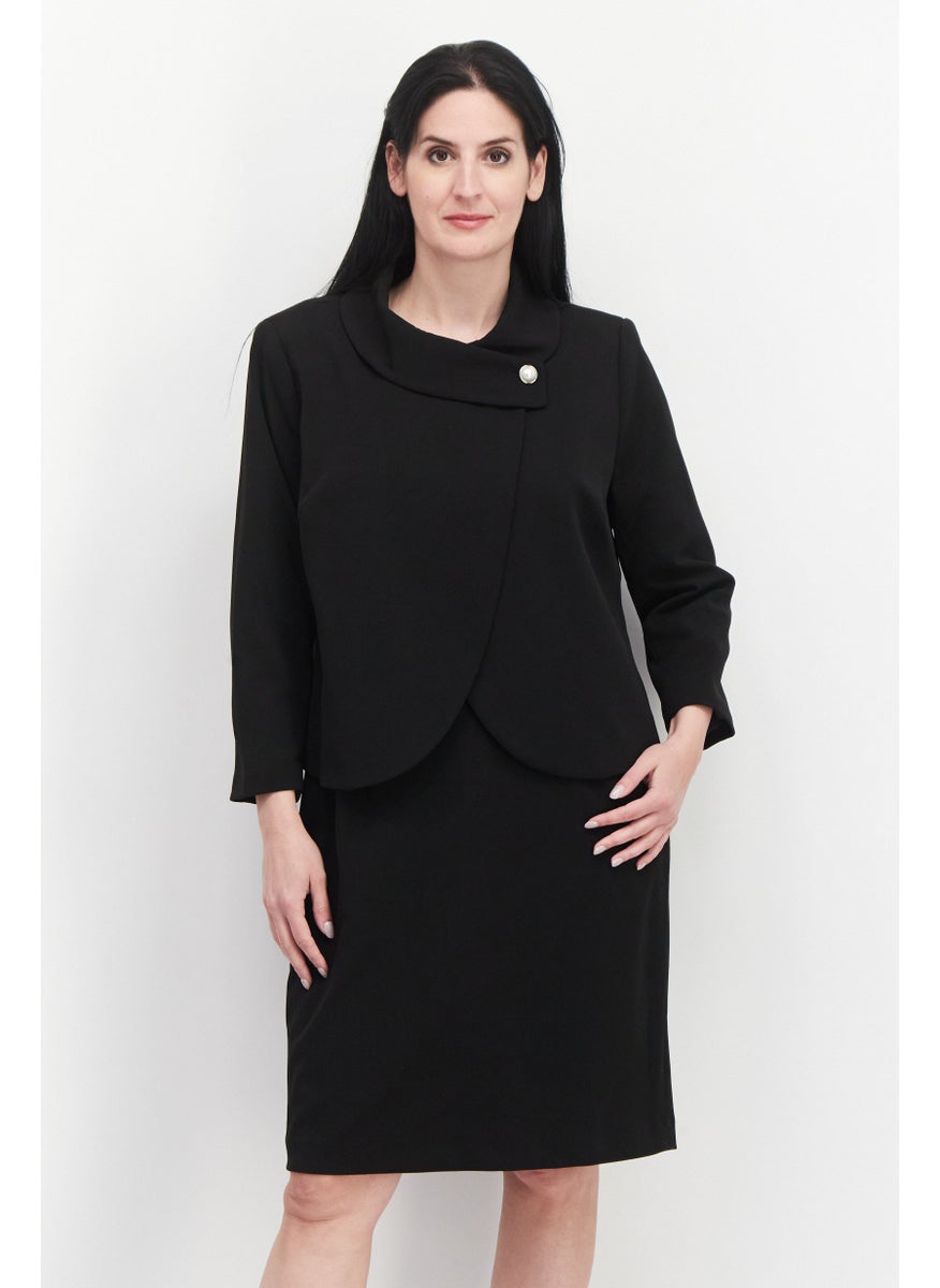 Nipon Boutique Women 2 Pcs Solid Button Front Sheath Jacket Dress Set, Black  - Image 1