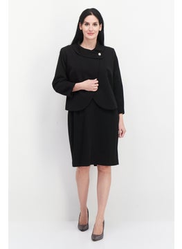 Nipon Boutique Women 2 Pcs Solid Button Front Sheath Jacket Dress Set, Black  - Image 4