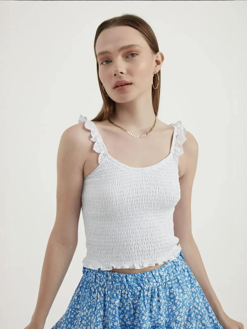 V Neck Smocked Cropped Top