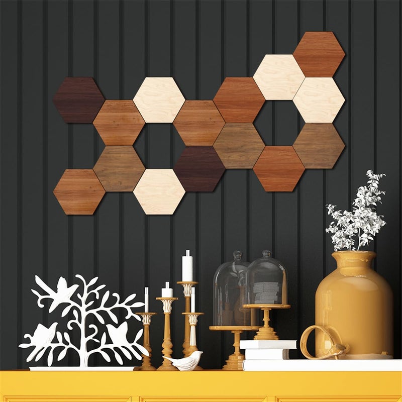 Wooden Multi Color Wall Art Decals 15 PCS 3D Hexagon Wall Tiles for Office Living Room Bedroom Home