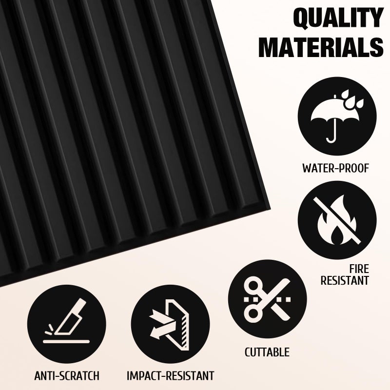 Qidejoy 33 Pcs 3D PVC Slat Wall Panels 12X12in Fluted Textured Paneling Modern Decorative Tiles Cuttable Paintable DIY Wall Art for Interior Decor, Bedroom, Ceiling, TV Background, Bathroom (Black) - Image 4