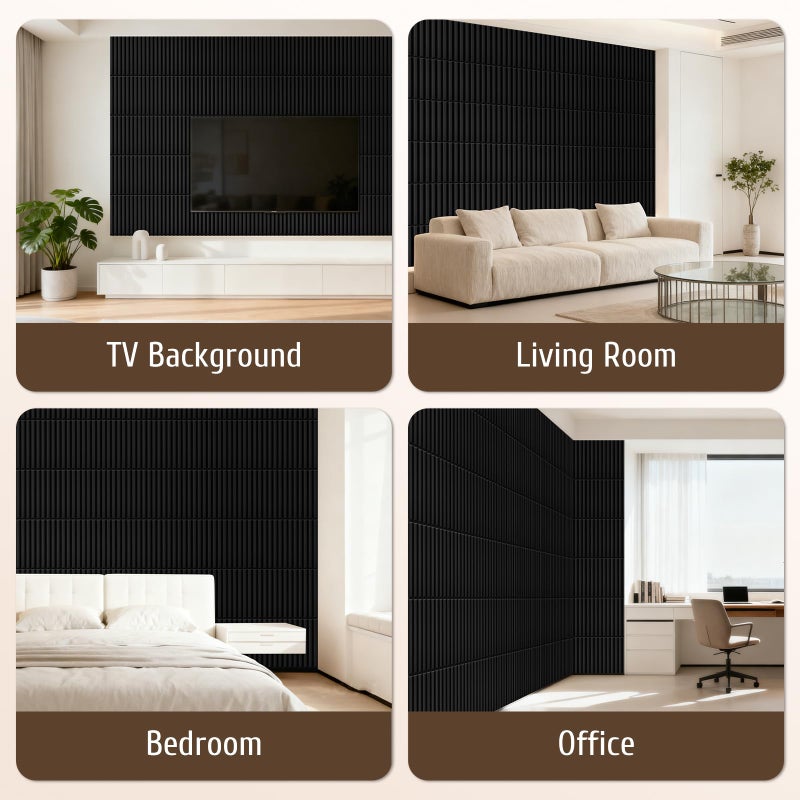 Qidejoy 33 Pcs 3D PVC Slat Wall Panels 12X12in Fluted Textured Paneling Modern Decorative Tiles Cuttable Paintable DIY Wall Art for Interior Decor, Bedroom, Ceiling, TV Background, Bathroom (Black) - Image 2