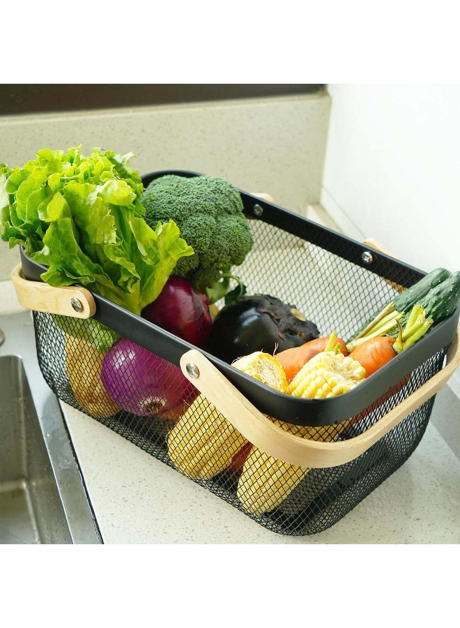 Black Rectangular Wire Mesh Garden Harvest Basket with Wooden Handles  40*25*18cm - Image 1