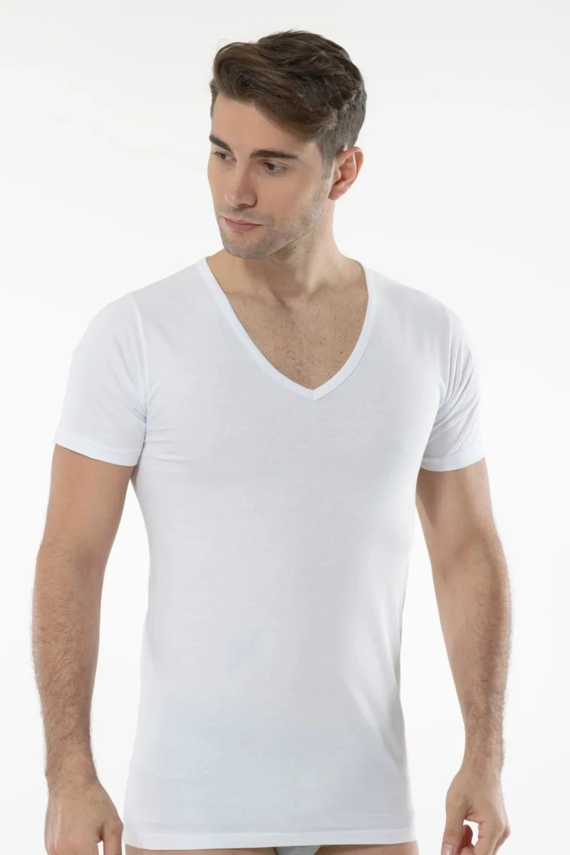 Anıt Lingerie Anıt 1173 White 3 Piece Combed Cotton V Neck Short Sleeve Men's Undershirt
