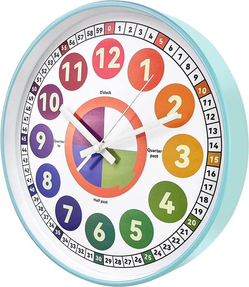 Learning Clock for Kids Glow in The Dark Wall Clock for Bedroom 12 Inch Silent Night Light Kids Wall Clock Colorful Illuminated Telling Time Teaching ClockKids Room Decor Illuminated Ice Blue