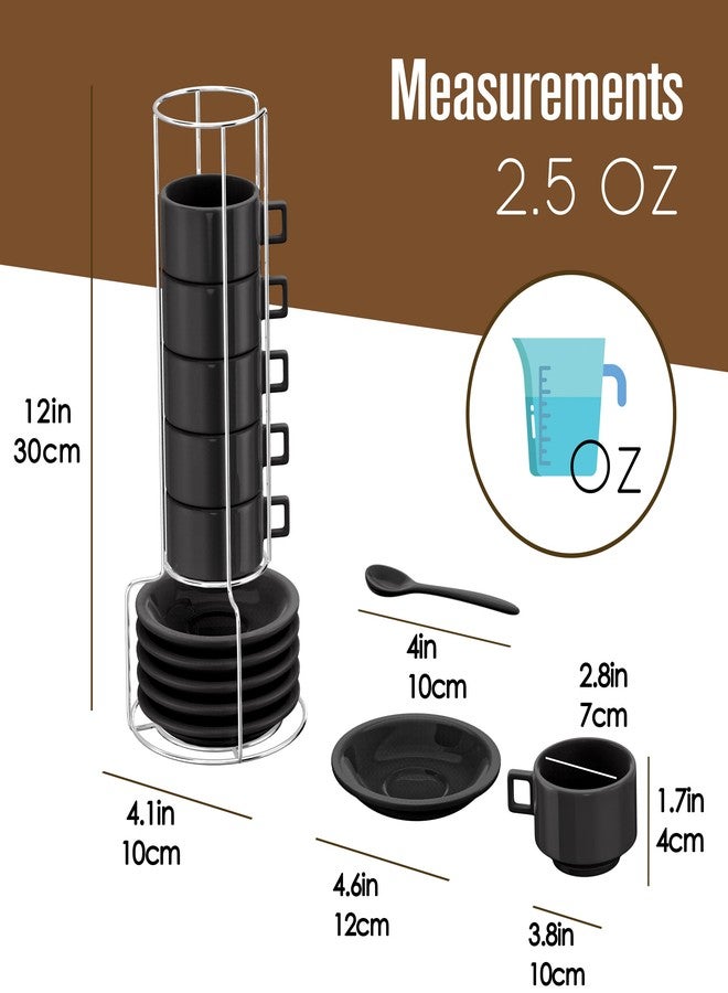 Houseables Espresso Cup Set, Espresso Cups Stackable, Expresso, Demitasse, with Saucers, Stand, Spoons, Coffee Mugs, Juego De Tazas Para Cafe, Porcelain, Stacking, 19 Pieces, Set of 6, 2.5 oz, Black - Image 3