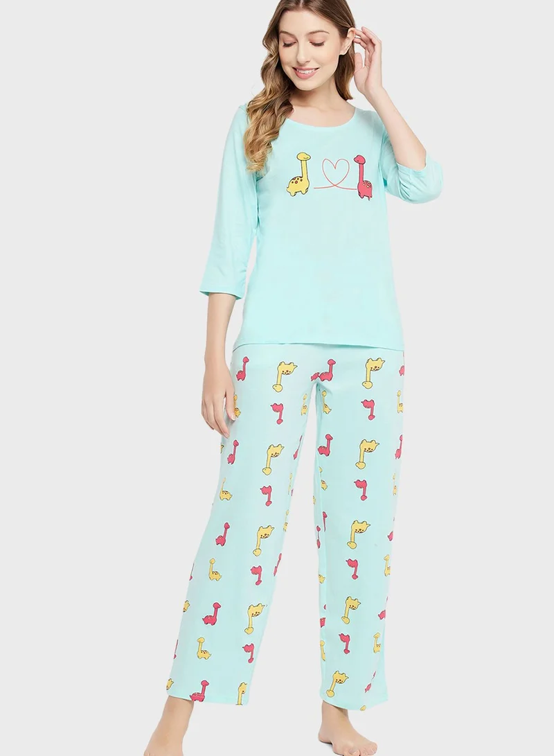 Clovia Crew Neck Graphic Top & Printed Pyjama Set
