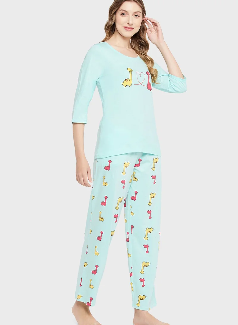 Clovia Crew Neck Graphic Top & Printed Pyjama Set