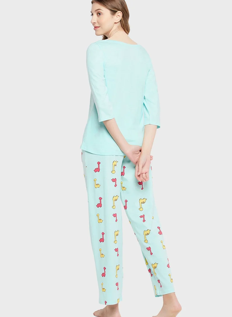 Clovia Crew Neck Graphic Top & Printed Pyjama Set