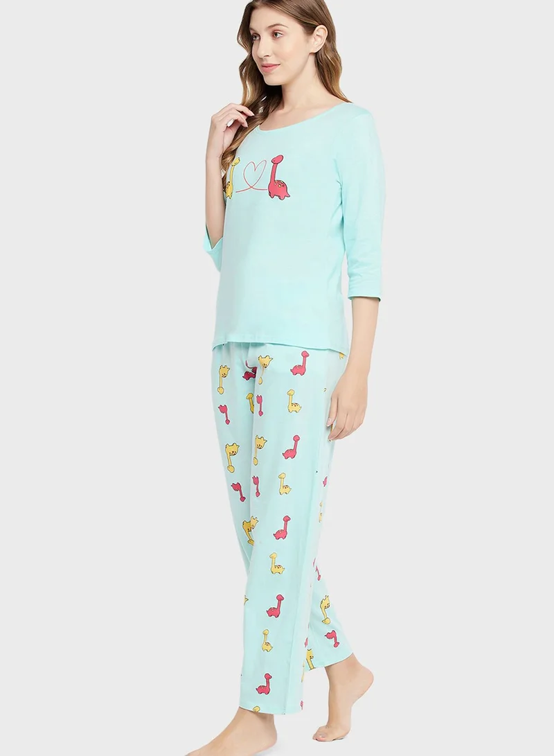 Clovia Crew Neck Graphic Top & Printed Pyjama Set