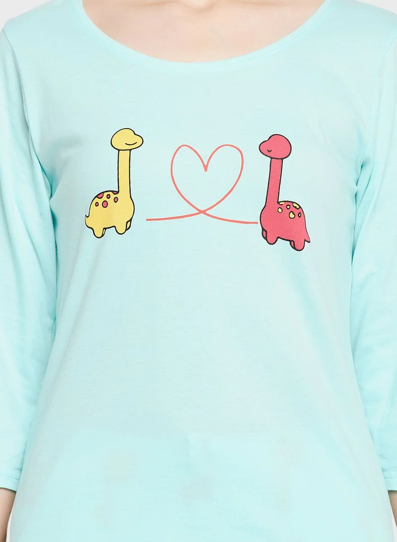 Clovia Crew Neck Graphic Top & Printed Pyjama Set