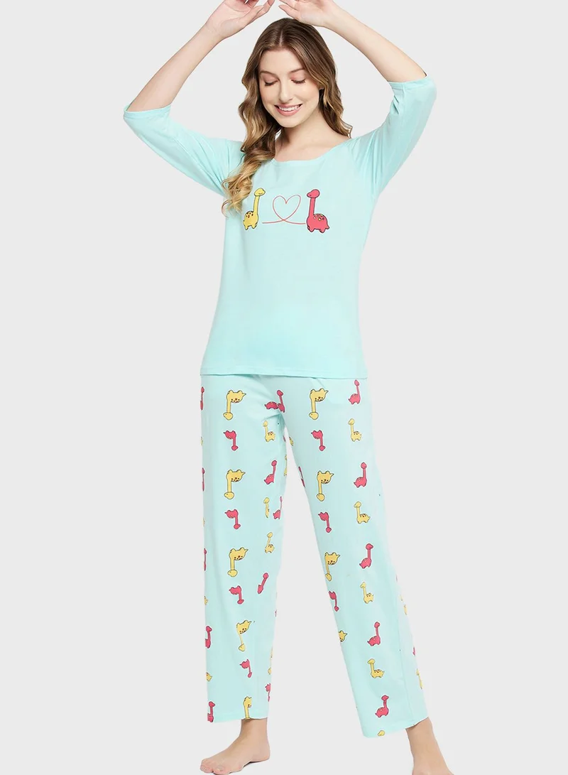 Clovia Crew Neck Graphic Top & Printed Pyjama Set