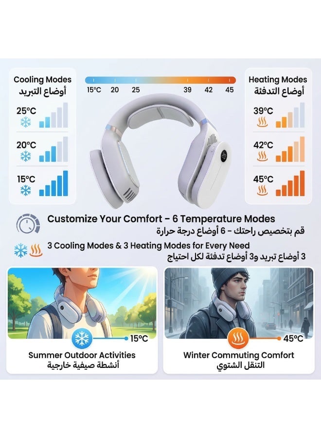 مروحة رقبة مزودة بمكيف هواء مع ألواح تبريد، 3 سرعات قابلة للتعديل، مروحة رقبة محمولة 2 في 1 مع وظيفة التبريد والتدفئة للرياضة والسفر والخارج والداخل (أبيض) - Image 4