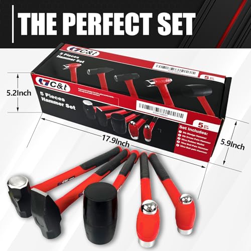 ct C&T 5-Piece Hammer Set, 16oz Ball Peen Hammer | 32oz Ball Peen Hammer | 32oz Rubber Mallet | 3lb Sledge Hammer | 3lb Cross Peen, Fiberglass Handle & Mallet Set - Image 3
