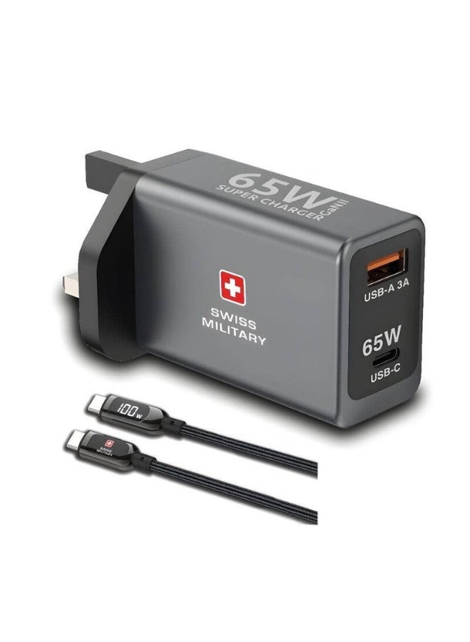 Swiss Military Super Charger GaN II 65W With 1.2M Cable 65W Grey 3 Ports - 2C1A