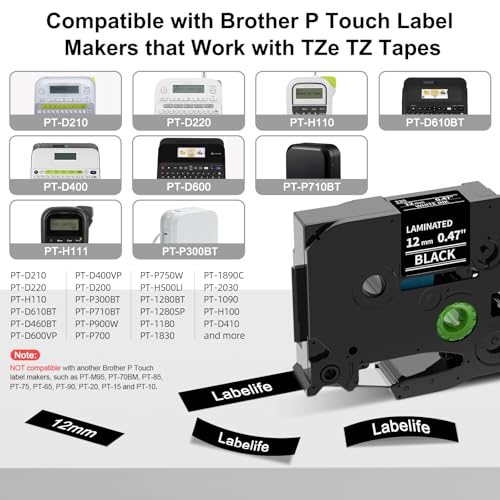 Labelife Black Label Tape TZe-335 Replacement for Brother P Touch Label Maker Tape White on Black TZe TZ Tape 12mm 0.47 Laminated Black Label Tape TZe335 for Brother PT-D220 PT-D210 PT-H110, 5-Pack - Image 2