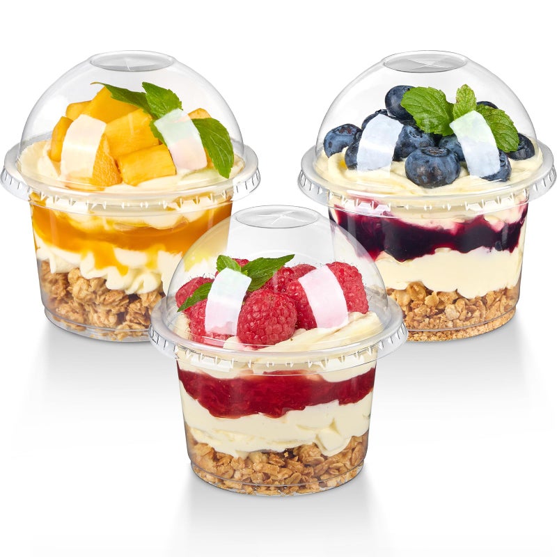 TOFLEN 100 Pack 8 oz Plastic Dessert Cups with Dome Lids, Clear Disposable Yogurt Parfait Cups with Lids, Individual Party Serving Snack Cups for Fruit Dessert Cake Pudding - Image 1