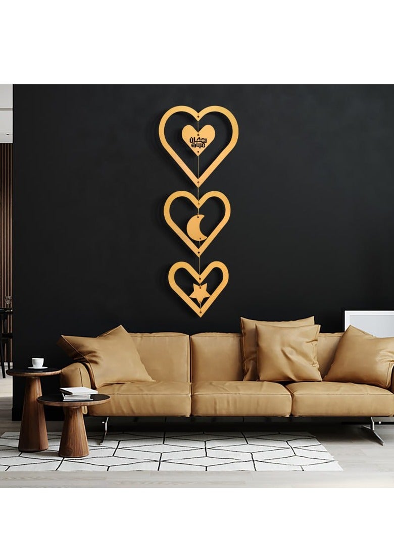 Wooden Ramadan Wall Pendant In The Shape Of Golden Hearts  - Image 2