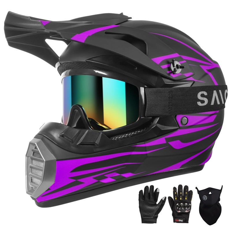 Cutey DOT Approved UltraLightweight Full Face Dirt Bike Helmet Ventilated ATVMotorcycle Motocross Helmet with Gloves Goggles Face Shield Black Purple Small - Image 3