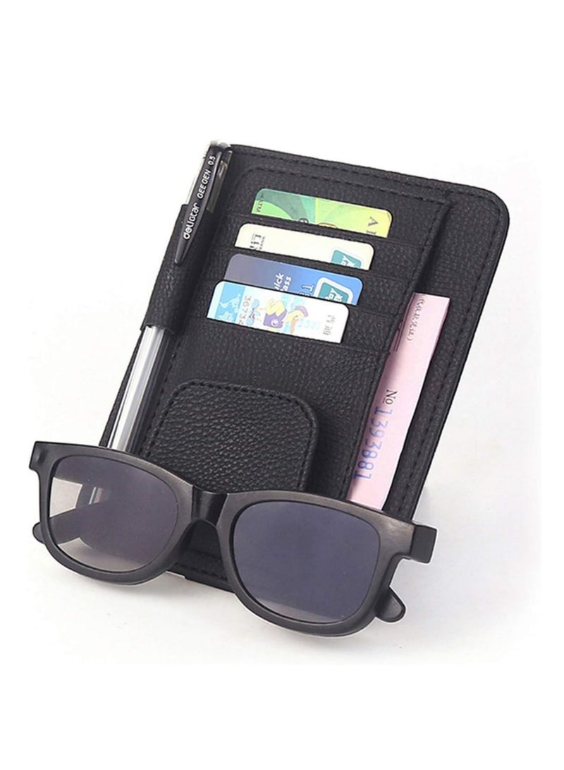 Leather Car Sun Visor Storage Glasses Organizer Bills Wallet Holder Card Clips Auto-Interior Visor Accessories (Black) - Image 2