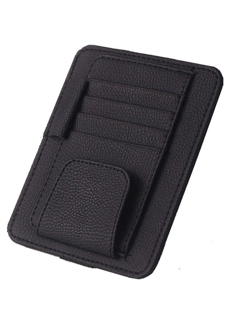 Leather Car Sun Visor Storage Glasses Organizer Bills Wallet Holder Card Clips Auto-Interior Visor Accessories (Black) - Image 1