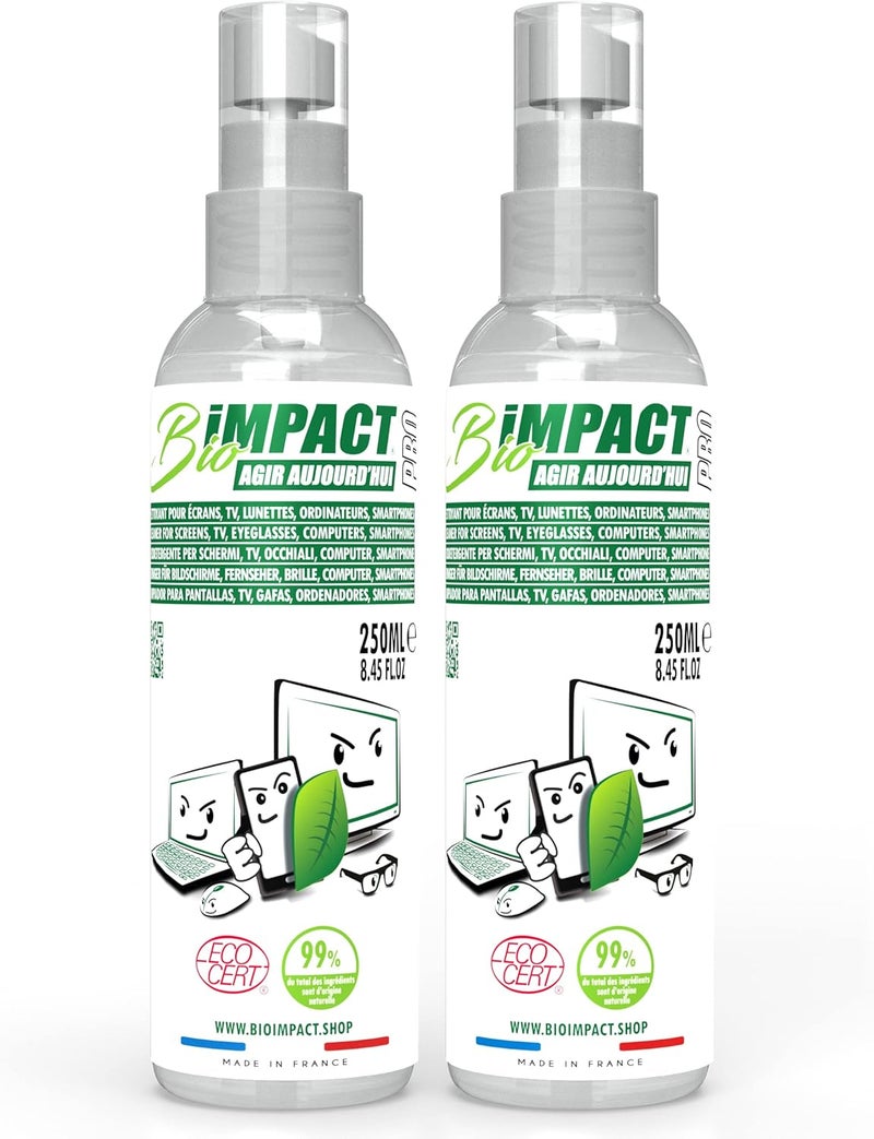 2 x 250ml Ecocert Certified Spray Screen Cleaner for Smartphone, PC, Glasses