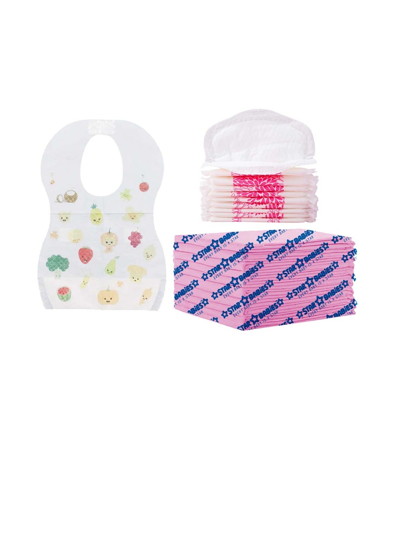 Star Babies Disposable Combo pack (Changing mat 10pcs, Breast Pad 10pcs, Bibs 10pcs)-Pink