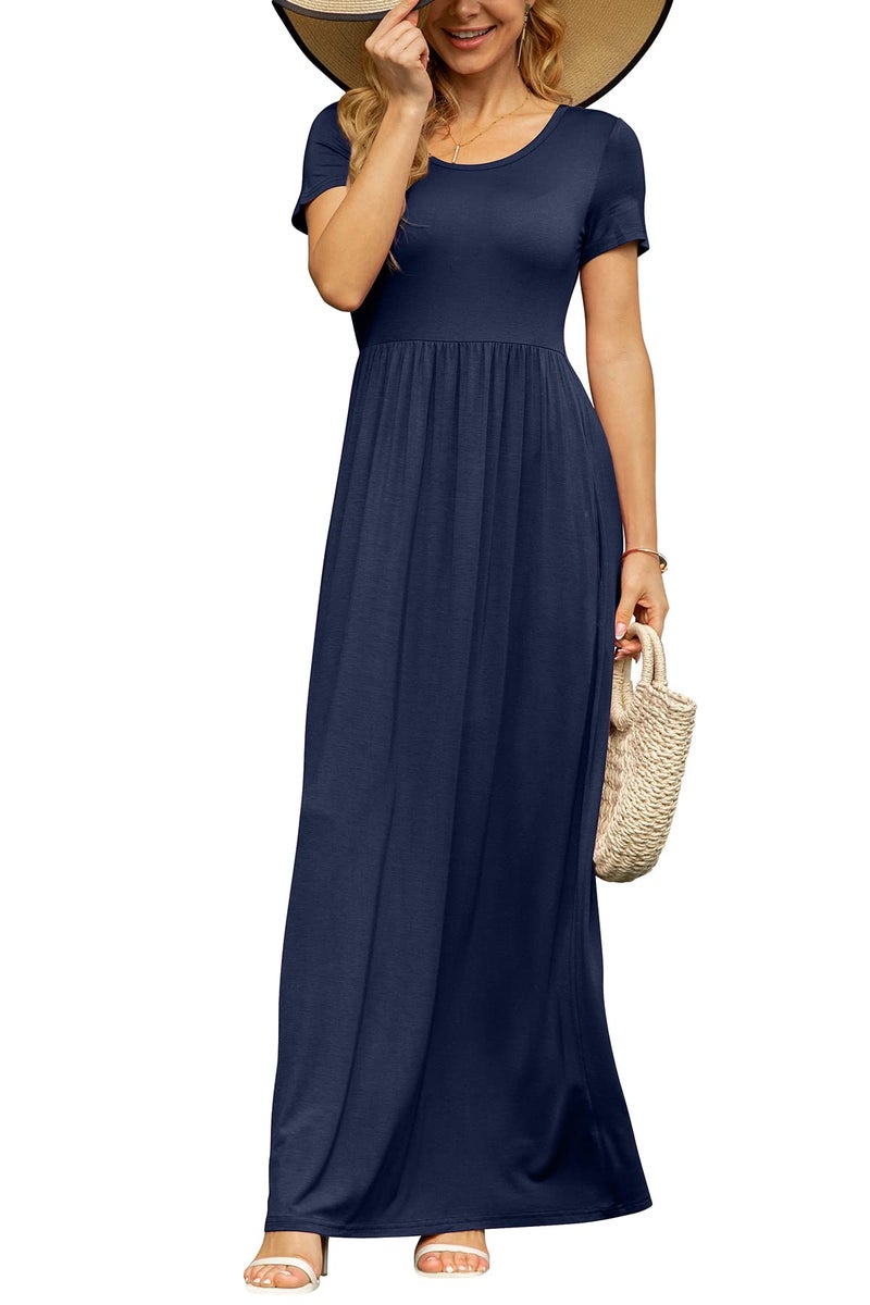 DB MOON Womens 2026 Summer Maxi Dresses Casual Short Sleeve & Pockets Empire Waist Long Dress for Beach Party XL, Navy Blue - Image 3