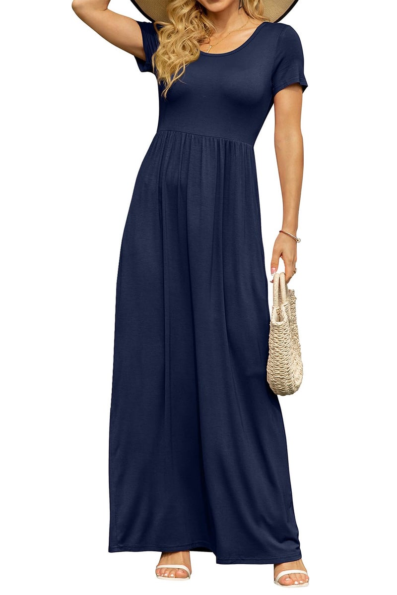 DB MOON Womens 2026 Summer Maxi Dresses Casual Short Sleeve & Pockets Empire Waist Long Dress for Beach Party XL, Navy Blue - Image 2