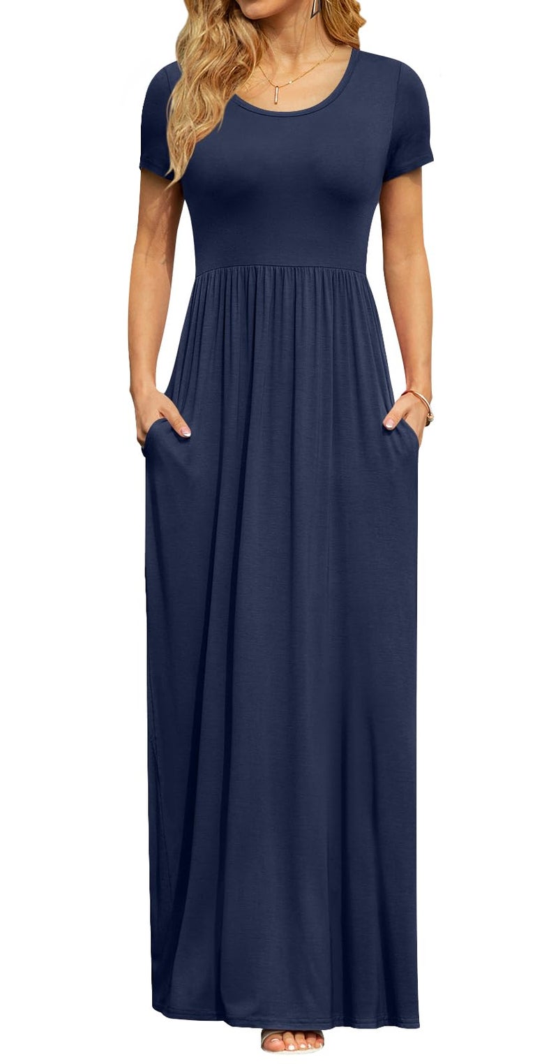 DB MOON Womens 2026 Summer Maxi Dresses Casual Short Sleeve & Pockets Empire Waist Long Dress for Beach Party XL, Navy Blue - Image 1