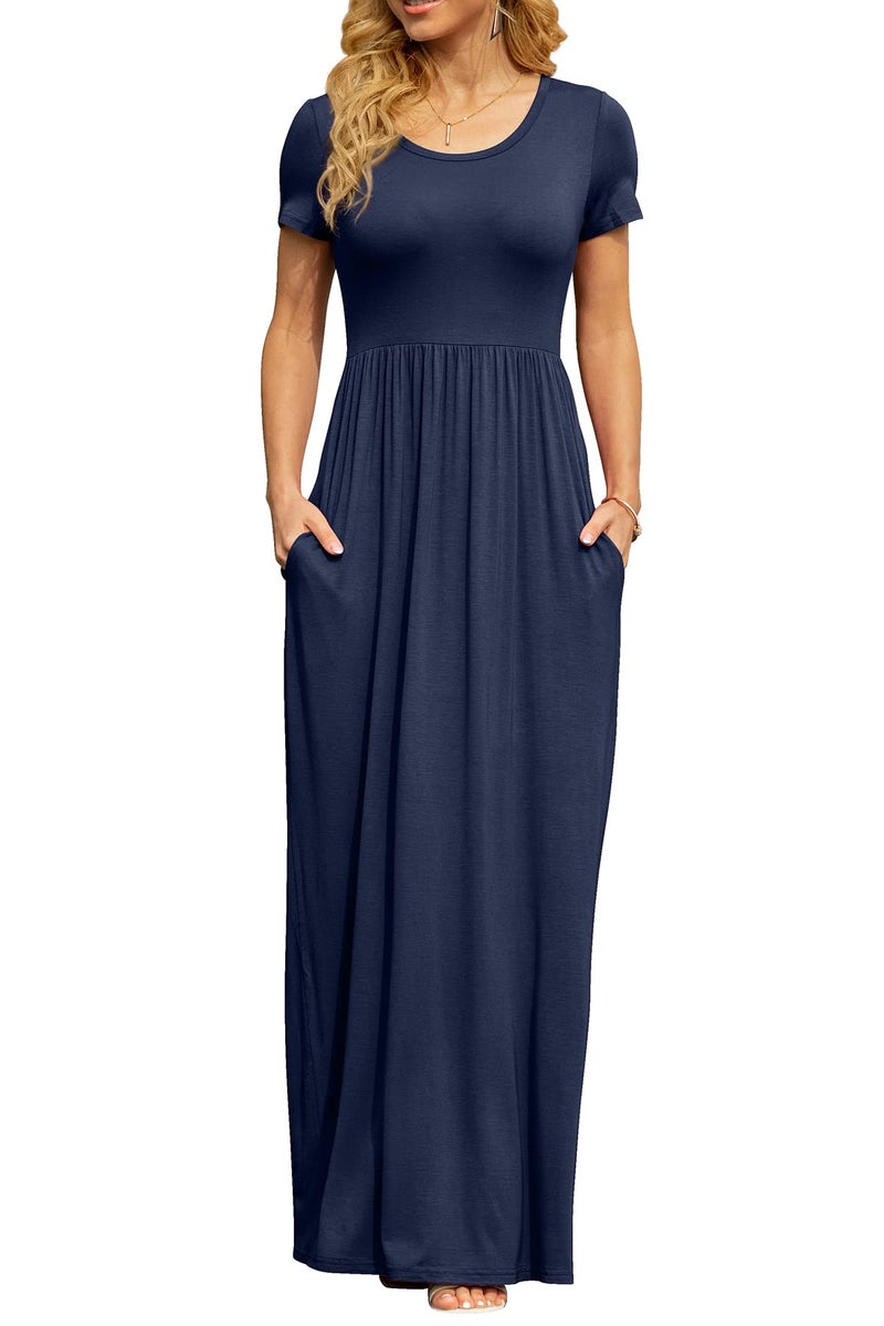 DB MOON Womens 2026 Summer Maxi Dresses Casual Short Sleeve & Pockets Empire Waist Long Dress for Beach Party XL, Navy Blue - Image 4