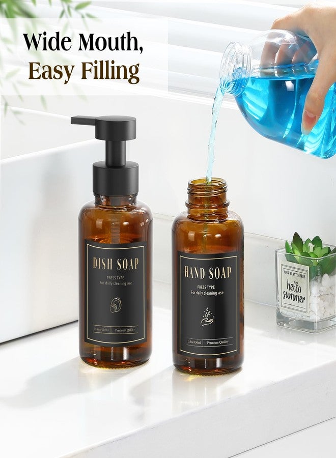 Luxspire موزع صابون رغوي لوكسباير، موزع صابون زجاجي برغوة، زجاجة صابون يد غير قابلة للانزلاق مع 5 ملصقات مقاومة للماء، زجاجة صابون سائل قابلة لإعادة التعبئة سعة 15 أونصة للحمام والمطبخ، كهرماني، عبوة من 2 - Image 4