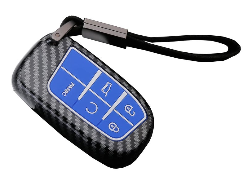 Muxkenper Key Fob Cover Case for Jeep Grand Cherokee Renegade Chrysler 200 300 Dodge RAM Durango Charger Challenger Journey Dart Fiat 5 Buttons Keyless Entry Remote Case Holder ABS Carbon Fiber Pattern (Blue) - Image 1