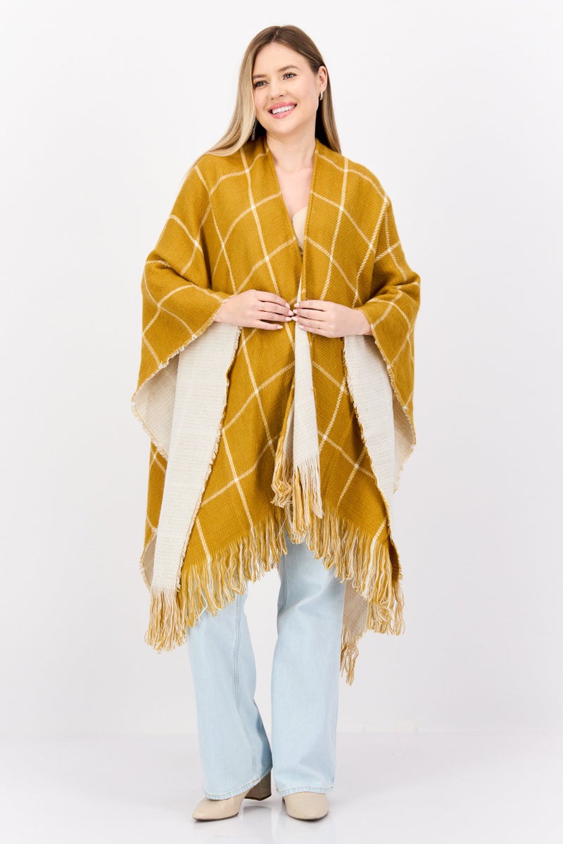 HALSTON Women Checkered Belted Poncho Sweater, Yellow - Image 1