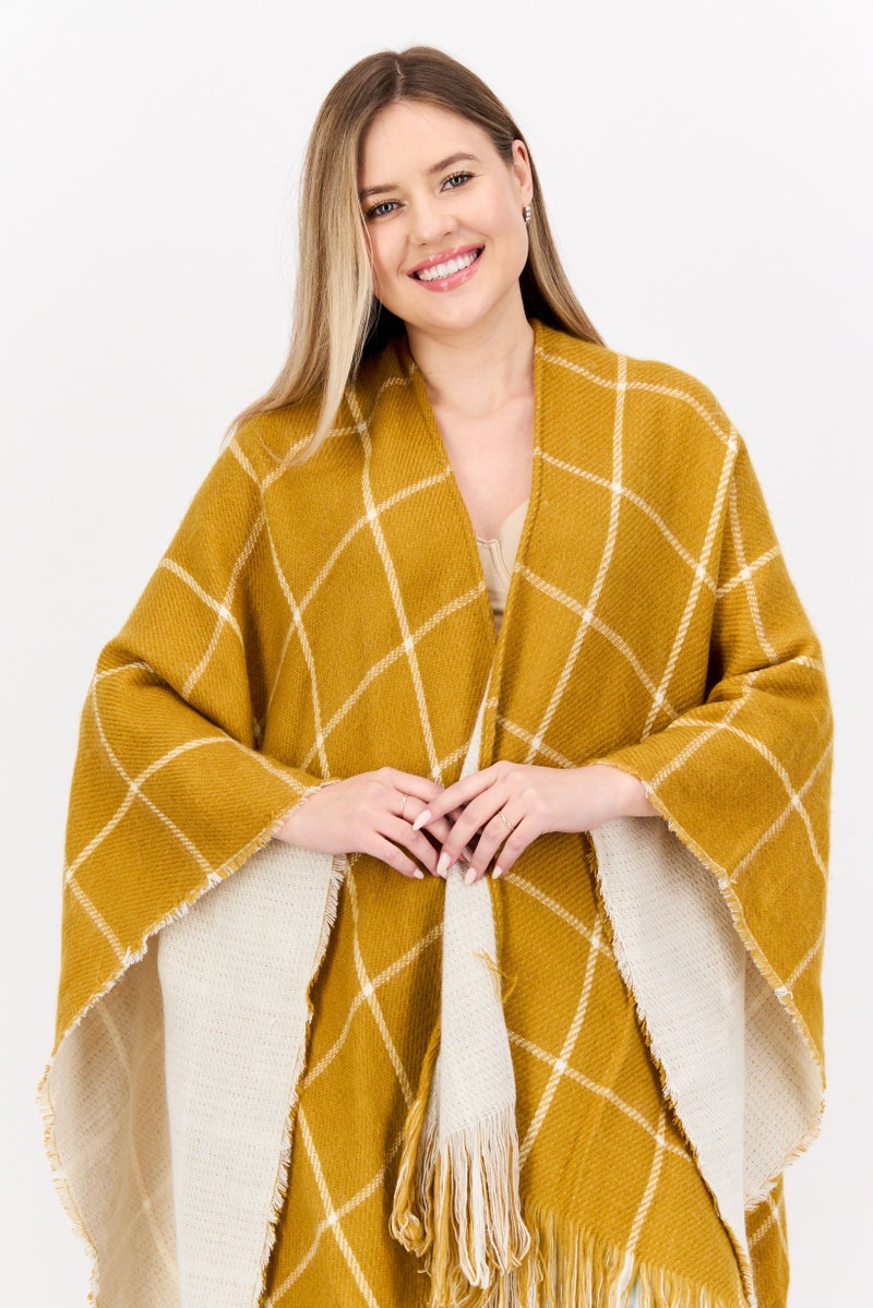 HALSTON Women Checkered Belted Poncho Sweater, Yellow - Image 2