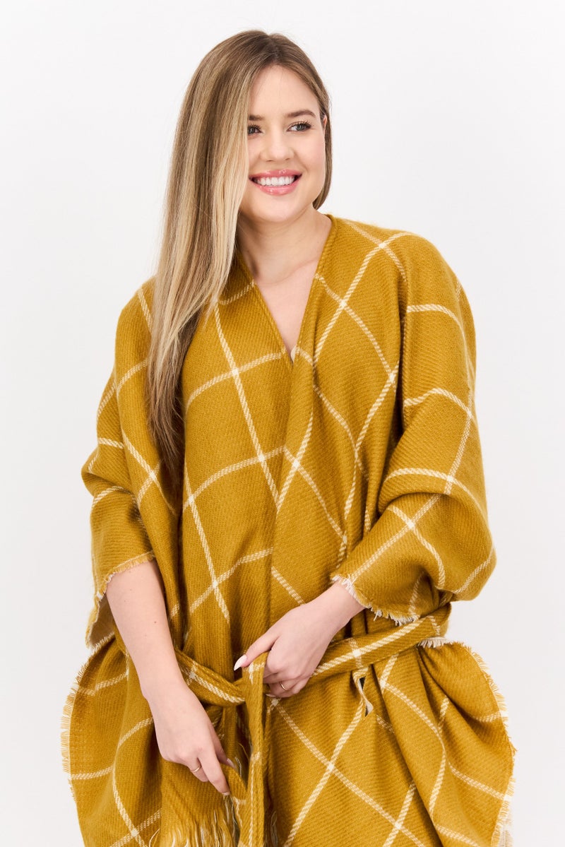 HALSTON Women Checkered Belted Poncho Sweater, Yellow - Image 3