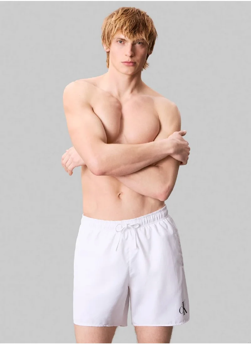 Calvin Klein Jeans Men's Medium Drawstring Swim Shorts - CK Monogram - Polyester, White