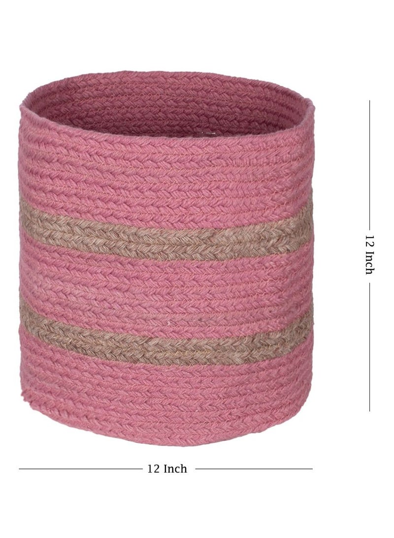 N & H Eco-friendly Handwoven Multipurpose Designer Baskets for Storage Organizer & Indoor Planters (Pink & Beige) - Image 3