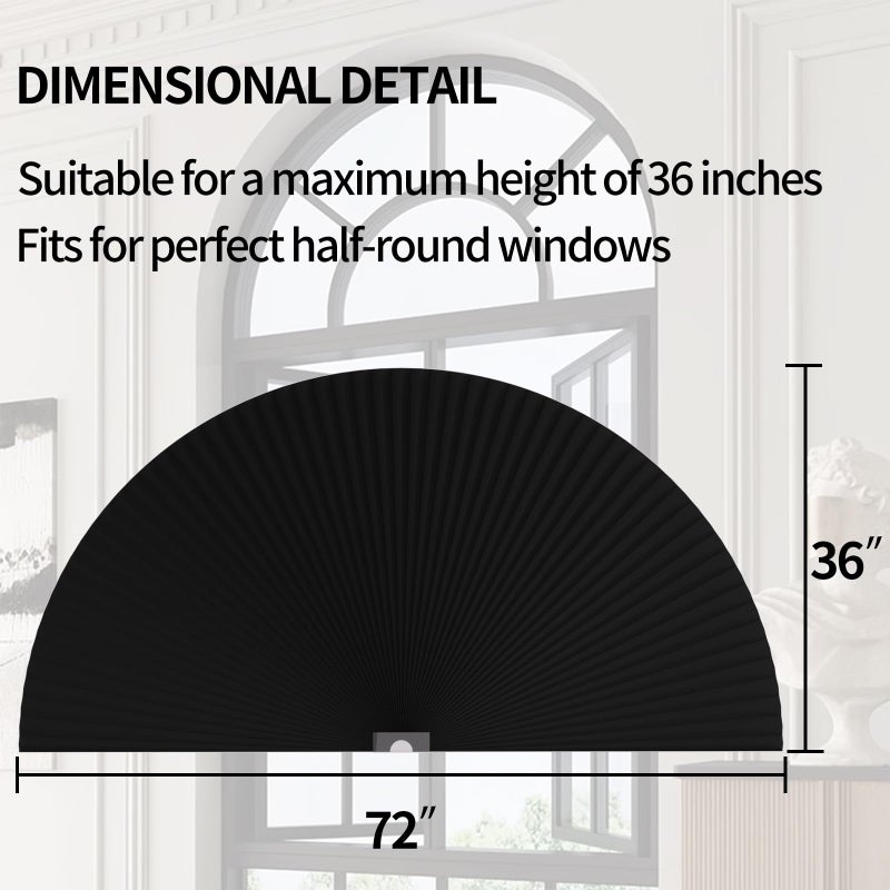 Myshade Arch Window Shades Half Circle Blackout Cellular Shades Cordless No Drill Blinds for Windows Half Moon Honeycomb Fabric No Tools Room Darkening Shades Easy Install (1PCS Black 72" W X 36" H) - Image 4